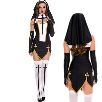 New Kõrge Kvaliteediga Seksikas Nunn Kostüümid Täiskasvanud Naiste Cosplay Kleit Must Kapuuts Halloween Õde Cosplay Kostüüm Pool
