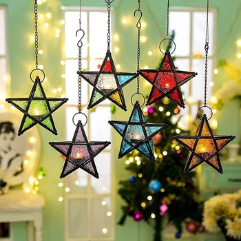 Metallist Star Laterna Klaas Retro Stiilis Värvilised Rippuvad Tuul Lamp Sepistatud Rauast Küünal Omanik Pulmapidu Home Decor Ornament
