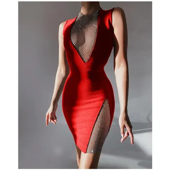 Naiste Sexy Varrukateta Teemandid Kristallid Punane Bodycon Sidemega Suvine Kleit 2021 Elegantne Õhtu Poole Kleit Naine Vestidos