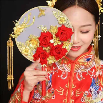 Vintage Hiina Pulm Dekoratiivsed Fännid Pruut Gold, Punane Pruutneitsi Pihuarvutite Käsi Fänn Dragon Phoenix Flower Palace Riided Fänn